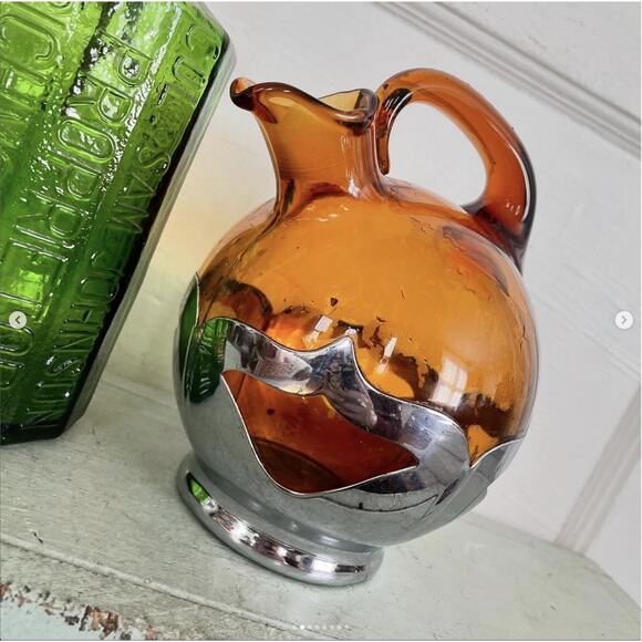 Vintage Amber Brown Glass Decanter Pitcher Silver Krome Kraft Barware Farber - Picture 2 of 8